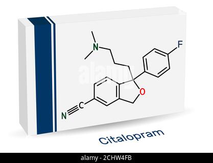 Citalopram, C20H21FN2O molecule. It is antidepressant, selective serotonin reuptake inhibitor (SSRI) class, is widely used to treat symptoms of depres Stock Photo