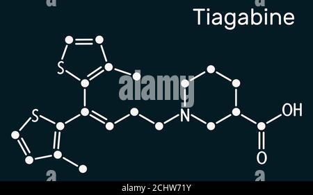 Tiagabine, C20H25NO2S2 molecule. It is anticonvulsant medication, is used in the treatment of epilepsy. Skeletal chemical formu on the dark blue backg Stock Photo