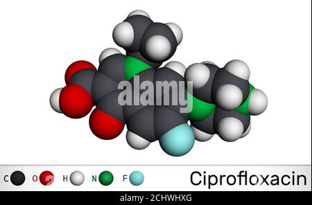 Ciprofloxacin, quinolone molecule. It is a synthetic broad spectrum fluoroquinolone antibiotic. Molecular model. 3D rendering Stock Photo