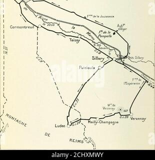 . Rheims and the battles for its possession . RUINS OF THE LINGUET WORKS 166 SECOND DAY (ContinuedAFTERNOON LA POMPELLE FORT—SILLERY (See complete Itinerary, p. 121.) 40 k, TTer* REIMS NA*r A Butte de tir Fmede la Jouissance Aub3 dAlcje. 167 This Itinerary will take the tourist through two regions of entirely differentcharacters. The first part is devoted to visiting the battlefield south-east of Rheims,which was the scene of much desperate fighting throughout the war, butespecially in 1918. This region formed the pivot of the French right wing, andremained firm despite the repeated powerful a Stock Photo