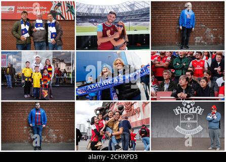 A combination picture shows portraits of soccer fans who have travelled to Premiership matches from around the world, in Britain March 18 to May 13, 2017. REUTERS/Staff