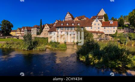 Fantastic panorama of the old town of Schwaebisch Hall with old half-timbered buildings seen from the island in the river Kocher Stock Photo