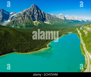 Aerial panorama view of the scenic Waterfowl Lakes on the Icefields Parkway in Banff National Park, Alberta, Canada Stock Photo