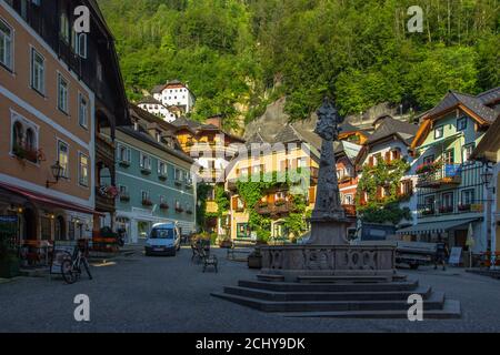 Hallstatt,Austria - August 10, 2020. Famous beautiful Austrian mountain town with wooden houses situated in Salzkammergut region.European UNESCO site Stock Photo