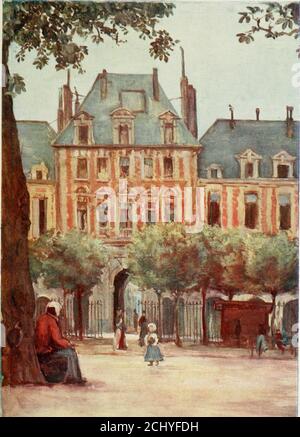 . Paris and its story, by T. Okey; illustrated by Katherine Kimball & O. F. M. Ward . PLACE DES VOSGES. collapsed, with all its shops and houses, and sixty personsperished. They were not much regretted, for most ofthem had enriched themselves by the plunder of Hugue-nots, and during the troubles of the League. The bridge wasrebuilt of wood, at the cost of the captain of the corps ofarchers, and as the houses were painted each with thefigure of a bird, the new bridge was known as the Pontaux Oiseaux (Bridge of Birds). It spanned the river fromthe end of the Rue St. Denis and the arch of the Gra Stock Photo