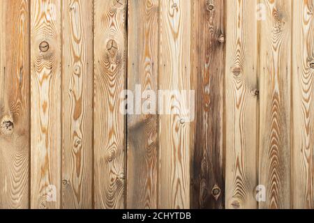 Wooden decorative background with place for text. Light brown larch boards with knots and holes, abstract texture. Empty template. Concept of natural Stock Photo