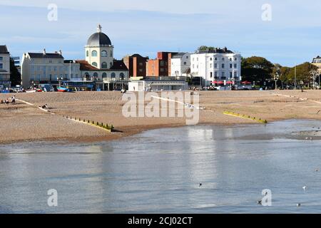 View from west Sussex pier of Worthing waterfront cafe restaurants flats Fine residences celebrate the best of seafront living and contemporary design Stock Photo