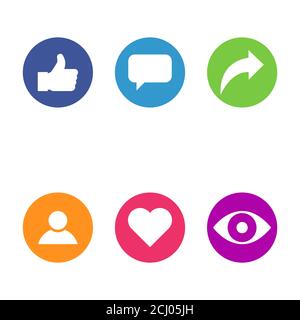 Social symbol for web, thumbs up, comment, share, person, hearth, view graphic. Icon set, collection concept . Stock Vector