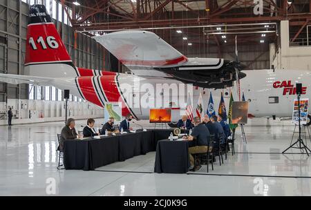 Sacramento, CA, USA. 14th Sep, 2020. President Donal Trump meets with California Gov. Gavin Newson and officials to discuss recent wildfires in the western states at Sacramento McClellan Airport on Monday, Sep 14, 2020 in Sacramento. Credit: Paul Kitagaki Jr./ZUMA Wire/Alamy Live News Stock Photo