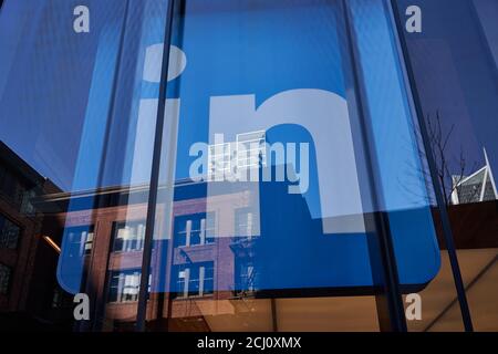 Close up of the LinkedIn logo seen at LinkedIn San Francisco Headquarters in the SoMa district. Stock Photo