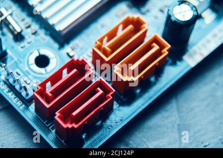 Sata connector. Micro circuit motherboard. Bishkek, Kyrgyzstan - June 27, 2019 Stock Photo