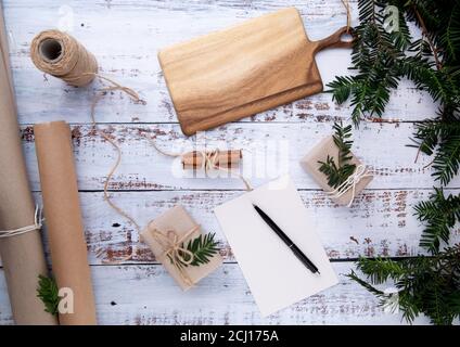 handmade gifts and card with pen on an old white wooden table  Stock Photo
