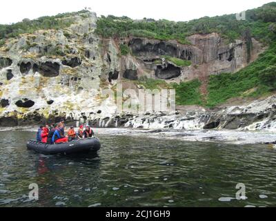 Zodiac cruise along the coast of Mangere Island, New Zealand, Chatham Islands, Mangere Island Stock Photo