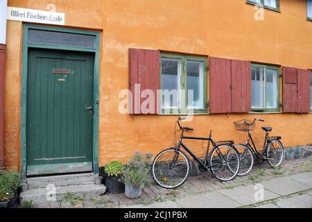 Olfert Fischersgade yellow terraced houses at Nyboder in Copenhagen Stock Photo