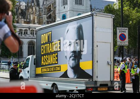 London, UK. 10 September 2020. Mobile advertising Julian Assange billboard with the message 'Don't Extradite Assange'. Credit: Waldemar Sikora Stock Photo