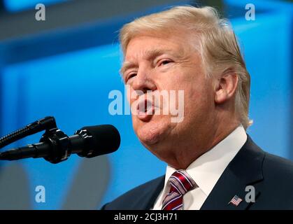 U.S. President Donald Trump delivers a speech to the National Association of Manufacturers in Washington, U.S., September 29, 2017.