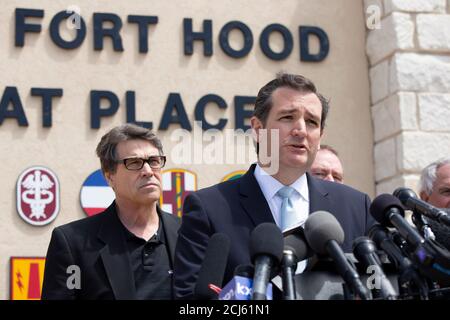 Killeen, Texas, USA. 4th Apr, 2014. U.S. Senator TED CRUZ outside the gates of Fort Hood, Texas on April 4, 2014 with Texas Governor Rick Perry (l, Credit: Bob Daemmrich/ZUMA Wire/Alamy Live News Stock Photo