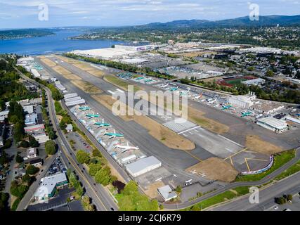 Boeing Renton Factory aerial view adjacent to Renton Municipal Airport ...