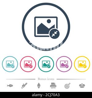 Resize image small flat color icons in round outlines. 6 bonus icons included. Stock Vector