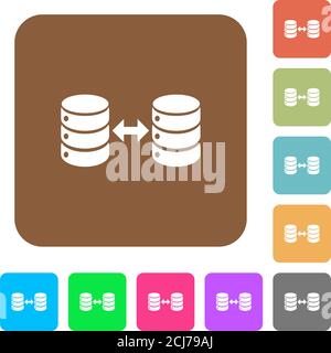 Syncronize databases flat icons on rounded square vivid color backgrounds. Stock Vector