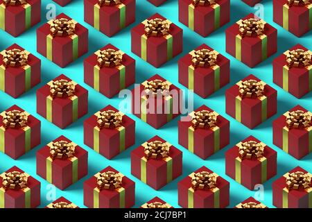 Pattern from red gift boxes with golden ribbon and bow on blue background. 3d illustration. Complementary color scheme. Happy holiday composition. Stock Photo