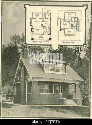 . Home plan suggestions . A^w D^°.MI?i *1RICKU^?.D STTUCCO HOUSE. Here is a design for a most attractive home-in fact, a homethat will incite home building. It is a story-and-a-half structure, of brick and stucco and contains six good rooms.An unusual feature is the grade entrance at the side, leading into a hall that separates the living and dining roomsand out of which runs the stairs. There are the usual thr ee rooms on the first floor, and three bedrooms and bath onthe second. 1 he wide, enclosed hvmg porch is another excellent feature of this house. Both the perspective and thenoor plans Stock Photo