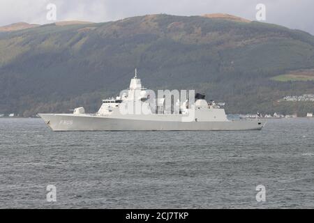 HNLMS Evertsen (F805), a De Zeven Provincien-class frigate operated by the Netherlands Navy, passing Gourock during Exercise Joint Warrior 12-2. Stock Photo