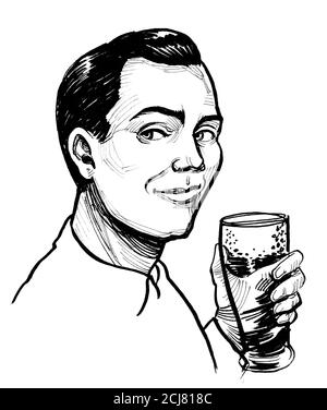 Happy Man Drinking Beer. Ink Black And White Drawing Stock Photo - Alamy