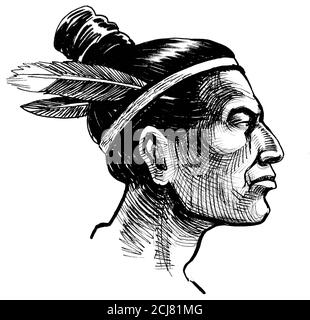 Native American head. Ink black and white drawing Stock Photo
