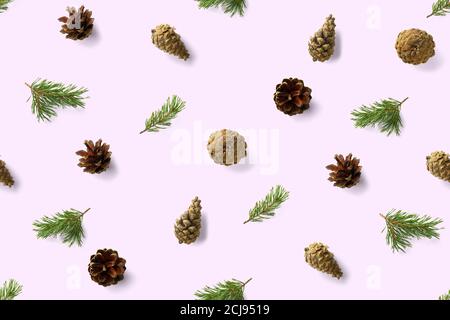 seamless christmas pattern from Pine cones on pink background. modern pine cone christmas collage. Print for paper, fabric, wallpaper pinecones Stock Photo