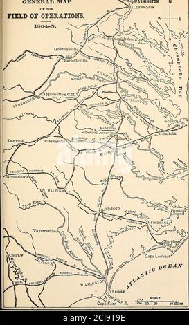 . The Civil War and the Constitution, 1859-1865 . ied about the sametime. The Confederate troops abandoned the place,and the municipal authorities surrendered it to theFederals. Lees plan of retreat was for the forces from Rich-mond and Petersburg to unite at Chesterfield Court The pursuit House, a place about half-way between the of Leee army. ^ and & litt]e to the wegt of the Richmond and Petersburg Railroad, and then move westward toBurksville Junction, the point where the railroad fromPetersburg to Lynchburg crosses the Richmond andDanville Road. From here he might reach Johnston.Grant und Stock Photo