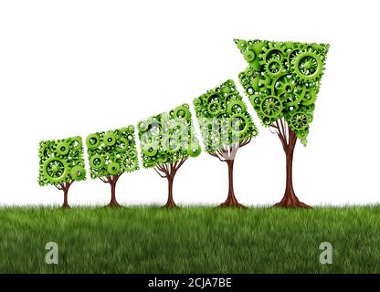 Economy graph growth chart and agriculture development concept as a group of gear trees united together as an arrow pointing upwards as a success. Stock Photo