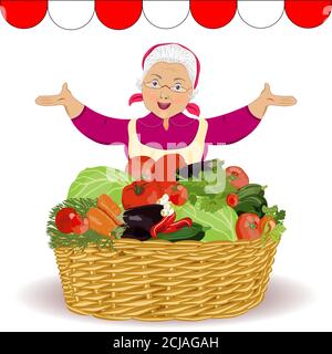Grandmother in a scarf, glasses, apron. Farmers market with vegetables. Sell vegetables in a basket. Vector. Stock Vector