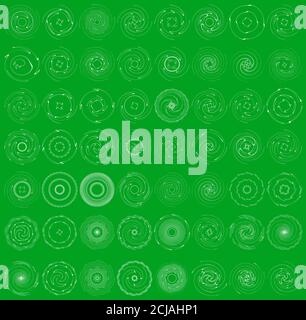 Concentric, radial, radiating circular elements. Abstract spiral, swirl, twirl and vortex shapes set over green backdrop Stock Vector