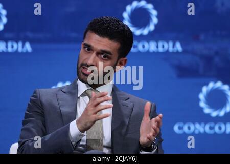Secretary-General Hassan Al-Thawadi of Qatar's Supreme Committee for Delivery and Legacy, the nation's 2022 World Cup organizing committee, speaks at the Concordia Summit in Manhattan, New York, U.S., September 24, 2018.  REUTERS/Shannon Stapleton