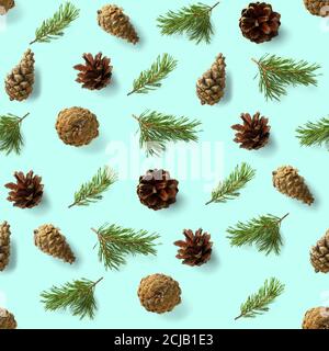 seamless christmas pattern from Pine cones on blue background. modern pine cone christmas collage. Print for paper, fabric, wallpaper pinecones Stock Photo