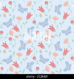 Seamless pattern with wildflowers and butterflies in pastel colors. Summer floral background. Vector EPS 10 Stock Vector