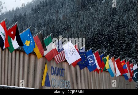 World Economic Forum, WEF, flag waving in the wind. Sky background 3D ...