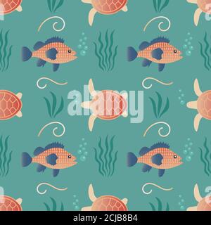 Seamless pattern with fish and turtles swimming in the sea. Marine life. Vector EPS10. Stock Vector