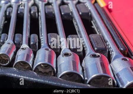set of socket wrenches in a case,  close up of workers tools, selective focus Stock Photo