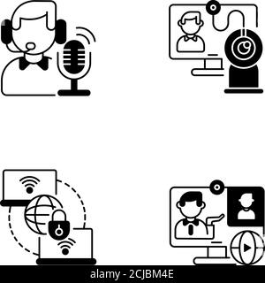 Web conference black linear icons set Stock Vector