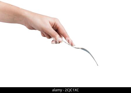 woman hand holding fork isolated on white background. Eating gesture. Stock Photo