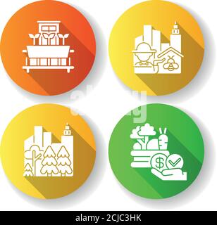 Urban agriculture production flat design long shadow glyph icons set Stock Vector