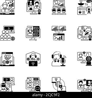 Online conference black linear icons set Stock Vector
