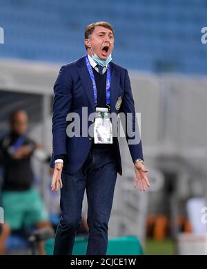 Doha, Capital of Qatar. 14th Sep, 2020. Pakhtakor's head coach Shota Arveladze reacts during the AFC Asian Champions League group B football match between AL Hilal of Saudi Arabia and Pakhtakor of Uzbekistan at Al Janoub Stadium in Doha, Capital of Qatar, Sept. 14, 2020. AL Hilal won 2-1. Credit: Nikku/Xinhua/Alamy Live News Stock Photo