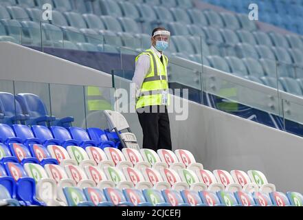 Doha, Capital of Qatar. 14th Sep, 2020. A security guard is seen during the AFC Asian Champions League group B football match between Shabab Al Ahli of United Arab Emirates and Shahr Khodrou of Iran at Al Janoub Stadium in Doha, Capital of Qatar, Sept. 14, 2020. Shabab Al Ahli won 1-0. Credit: Nikku/Xinhua/Alamy Live News Stock Photo