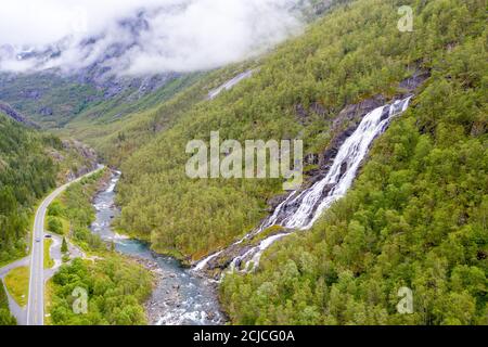 An aerial view of Flesefossen waterfall near Brattlandsdalen, Norway.
