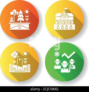 Community farming flat design long shadow glyph icons set Stock Vector