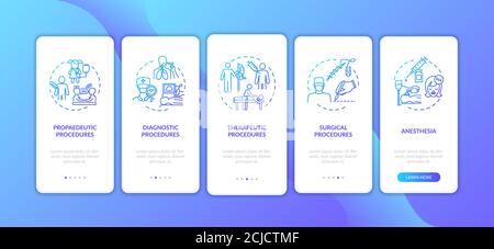 Medical procedures types onboarding mobile app page screen with concepts Stock Vector