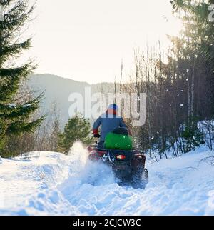 Rear view of a biker driving four-wheeler ATV in winter in the mountains. Offroad drive in snow in forest, bright sunny day. Concept of winter sports Stock Photo